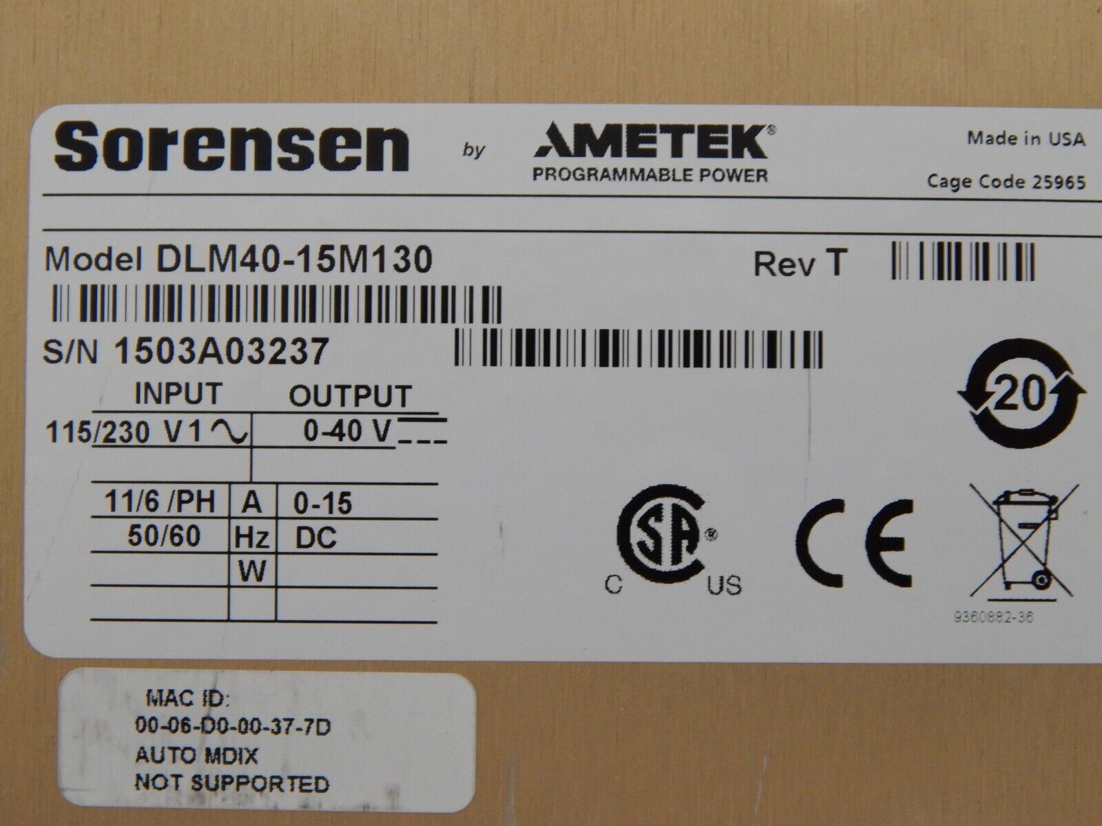 Sorensen DLM40-15 M130 LXI DC Power Supply 30 Day Warranty, 7 in stock Sorensen DLM40-15 M130 LXI DC Power Supply 30 Day Warranty, 7 in stock